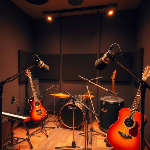 Sala di registrazione insonorizzata con microfoni e strumenti musicali